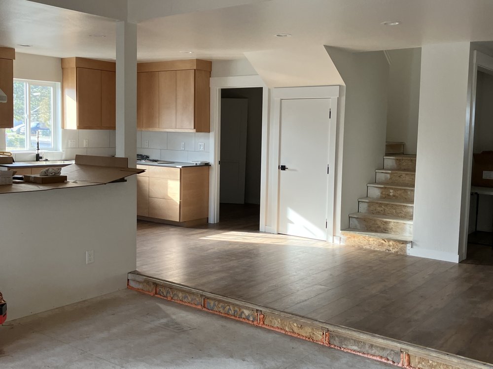 Open concept kitchen and sunken living room